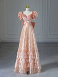 Fairy A line Short Sleeves Sequin Long Prom Dress HZ1022