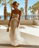 Simple A Line Halter Tulle Champagne Long Prom Dresses HZ1022
