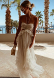 Simple A Line Halter Tulle Champagne Long Prom Dresses HZ1022