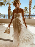 Simple A Line Halter Tulle Champagne Long Prom Dresses HZ1022