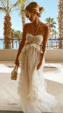 Simple A Line Halter Tulle Champagne Long Prom Dresses HZ1022