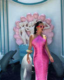 Sexy Mermaid Halter Hot Pink Long Prom Dresses HZ1022