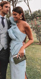 Sexy Sheath One Shoulder Light Sky Blue Long Prom Dresses HZ1022