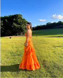 A Line Orange Long Prom Dresses V Neck Formal Dress Outfits HZ1022