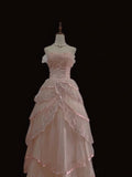 Fairy Ball Gown Strapless Pink Lace Prom Dresses Long Evening Dress HZ1022
