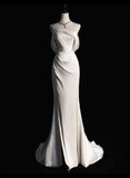 Vintage Mermaid One Shoulder Long White Satin Wedding Dresses HZ1022