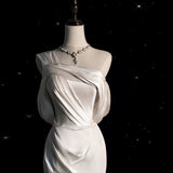 Vintage Mermaid One Shoulder Long White Satin Wedding Dresses HZ1022