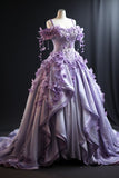 Ball Gown Straps Lilac Satin Floral Sweet 16 Dresses HZ1022