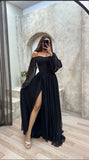 A line Off The Shoulder Long Black Slit Prom Dress 21th Birthday Outfits HZ1022