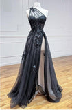 One Shoulder Black Lace Floral Long Prom Dresses with High Slit 21th Birthday Outfits HZ1022