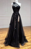 One Shoulder Black Lace Floral Long Prom Dresses with High Slit 21th Birthday Outfits HZ1022