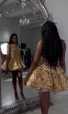 Cute A line Halter Sequin Short Gold Homecoming Dress HZ1022