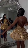 Cute A line Halter Sequin Short Gold Homecoming Dress HZ1022