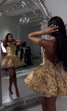 Cute A line Halter Sequin Short Gold Homecoming Dress HZ1022
