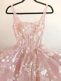 Modest A line Square Neckline Sleeveless Pink Floral Lace Floor Length Prom Dresses HZ1022