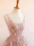 Modest A line Square Neckline Sleeveless Pink Floral Lace Floor Length Prom Dresses HZ1022