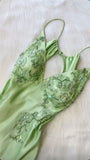 Beautiful A Line Spaghetti Straps Green Long Prom Dresses Backless Satin Evening Gowns HZ1022