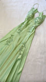 Beautiful A Line Spaghetti Straps Green Long Prom Dresses Backless Satin Evening Gowns HZ1022