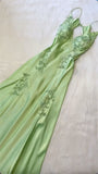 Beautiful A Line Spaghetti Straps Green Long Prom Dresses Backless Satin Evening Gowns HZ1022