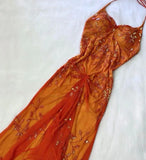Beautiful A line Spaghetti Straps Orange Chiffon Prom Dress With Beads HZ1022