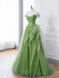 New Arrival A-Line Tulle Lace Green Long Prom Dress, Green lace Long Formal Dress HZ1022
