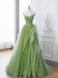 New Arrival A-Line Tulle Lace Green Long Prom Dress, Green lace Long Formal Dress HZ1022