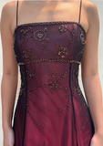 Chic A line Spaghetti Straps Burgundy Sleeveless Evening Dress Tulle Long Prom Dresses HZ1022