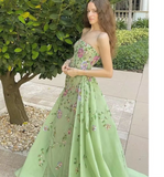 Pretty Sheath Strapless Green Floor Length Evening Dress Organza Prom Dresses With Embroidered HZ1022