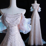 Modest A line Off The Shoulder Pink Sequin Long Floor Length Pearls Prom Dresses HZ1022