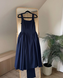 Cute A line Straps Pink Satin Tea Length Prom Dress With Bow HZ1022