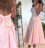 Cute A line Straps Pink Satin Tea Length Prom Dress With Bow HZ1022