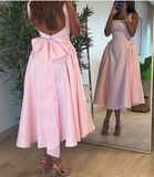 Cute A line Straps Pink Satin Tea Length Prom Dress With Bow HZ1022