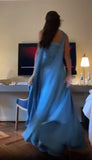 Simple A line Spaghetti Straps Blue Satin Prom Dresses Birthday Outfits HZ1022