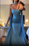 Simple A line Spaghetti Straps Blue Satin Prom Dresses Birthday Outfits HZ1022