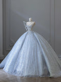Dreamy Ice Crystal Blue Shiny Bowknot Floor-Length Wedding Dress HZ1022