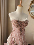 Beautiful Pink Rose Slim Skirt Pleated French Lace Mermaid Wedding Dress HZ1022