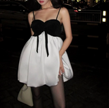 Black and white contrast bow tube top flower bud sling homecoming dress HZ1022