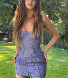 Niche halter purple lace see-through hook flower mini homecoming dress HZ1022