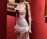 White and red satin lace tube top with short front and long back homecoming dress HZ1022