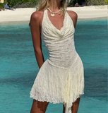 White Sheer Lace Irregular Halter Neck Homecoming Dress HZ1022