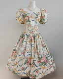 Vintage mid-century flower handle puff sleeve tea length homecoming dress HZ1022
