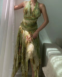 Vintage Green Printed Halter Neck Irregular Hem Homecoming Dress HZ1022