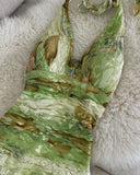 Vintage Green Printed Halter Neck Irregular Hem Homecoming Dress HZ1022
