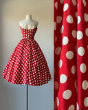 Red polka dot strapless off-shoulder A-line homecoming dress HZ1022