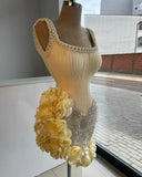 Princess Light Yellow Pearl Straps Beaded 3D Flower Skirt Short Homecoming Dress HZ1022