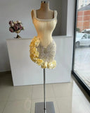 Princess Light Yellow Pearl Straps Beaded 3D Flower Skirt Short Homecoming Dress HZ1022