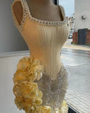 Princess Light Yellow Pearl Straps Beaded 3D Flower Skirt Short Homecoming Dress HZ1022