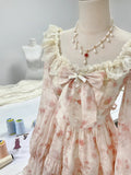 Girls Pink Square Neck Long Sleeve Printed Chiffon A-Line Homecoming Dress HZ1022