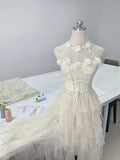 Elegant and smart white three-dimensional flower heavy sequin layered tulle homecoming dress HZ1022