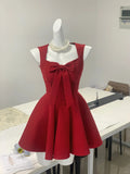 Vintage red square neck bow waist A-line homecoming dress HZ1022